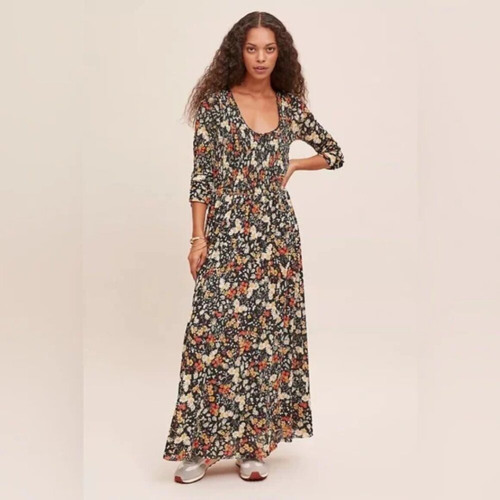 Anthropologie Maeve Omya Smocked bodice Floral Maxi Dress 3/4 sleeves sz S
